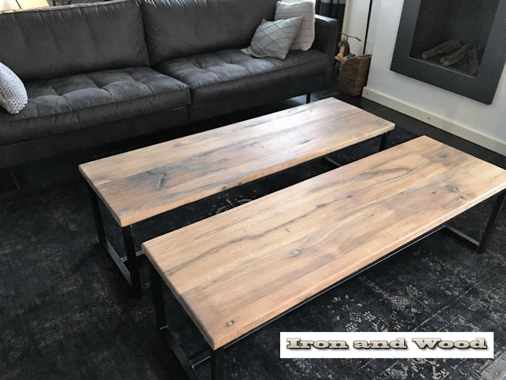 Maatwerk salontafels met oud eiken barnwood/ wagondelen blad, Ophalen, 100 tot 150 cm, Eikenhout, Nieuw