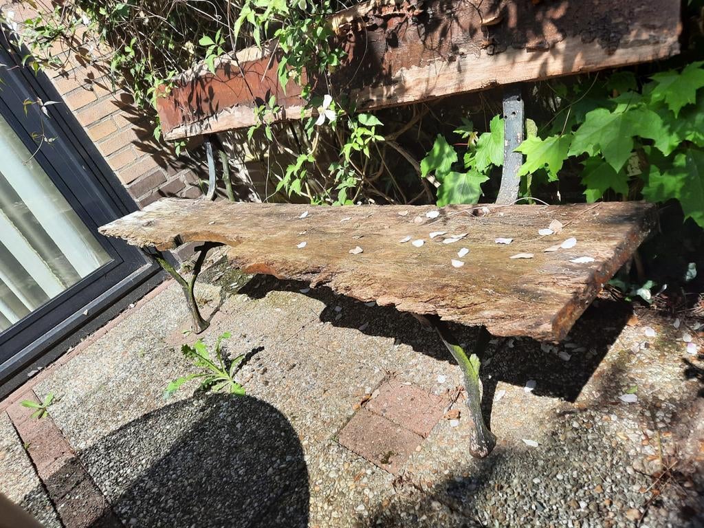 Antieke gietijzeren tuinbank met houten zitting, Ophalen