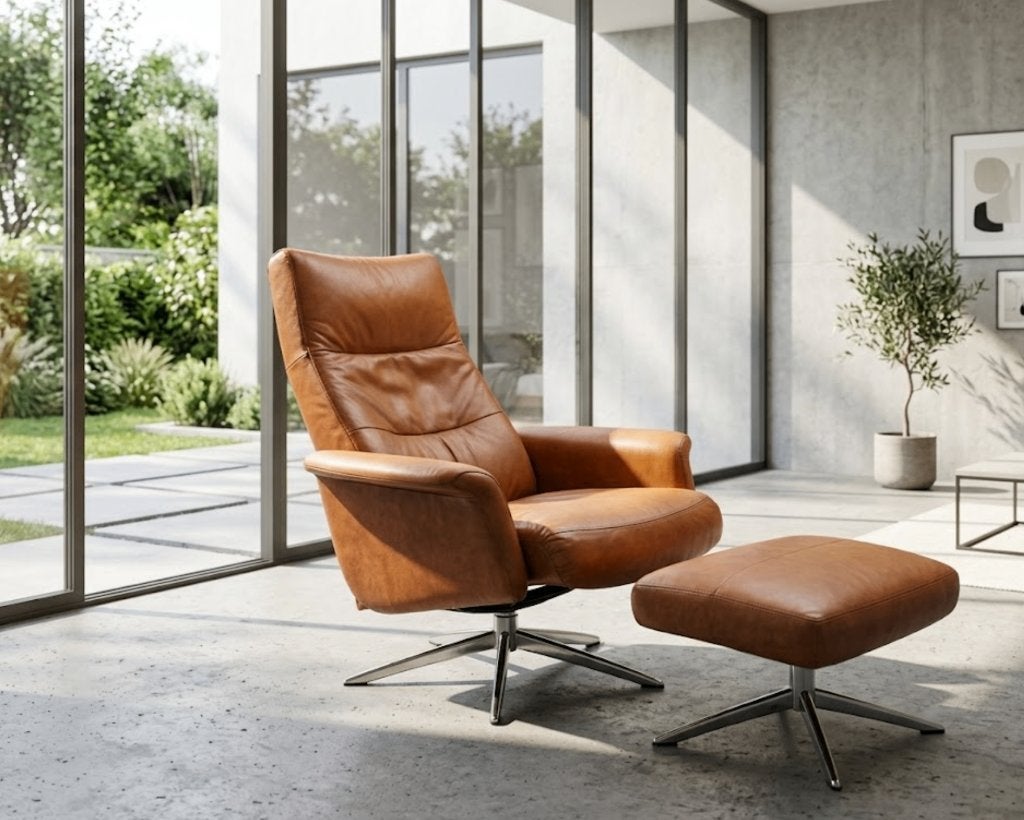 Leren relaxfauteuil met hocker, relaxstoel, Ophalen, Gebruikt, 50 tot 75 cm, Leer
