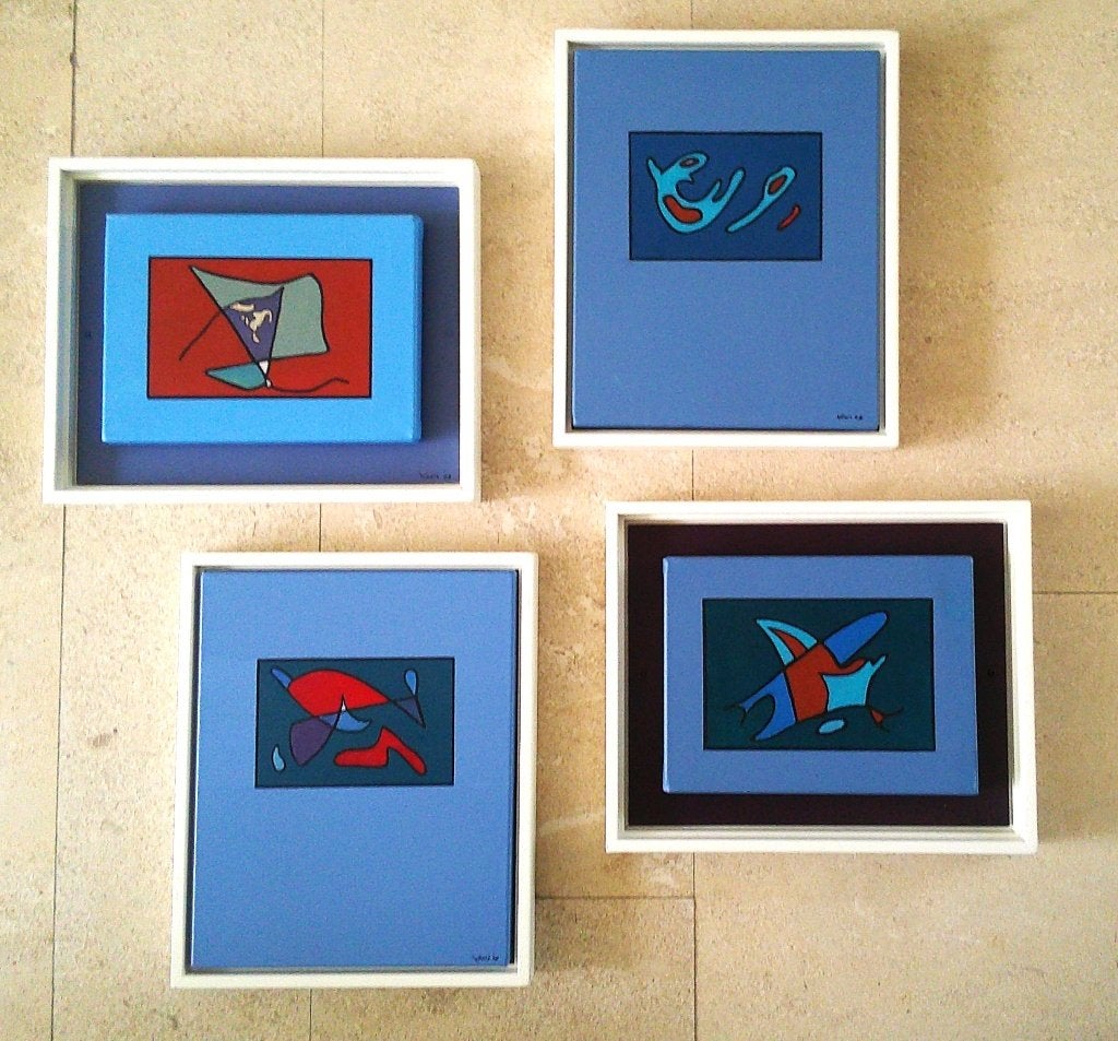 4 abstraherende werkjes van Louis Schutte (1932-2021), Antiek en Kunst, Kunst | Schilderijen | Klassiek, Acrylverf, Overige stijlen