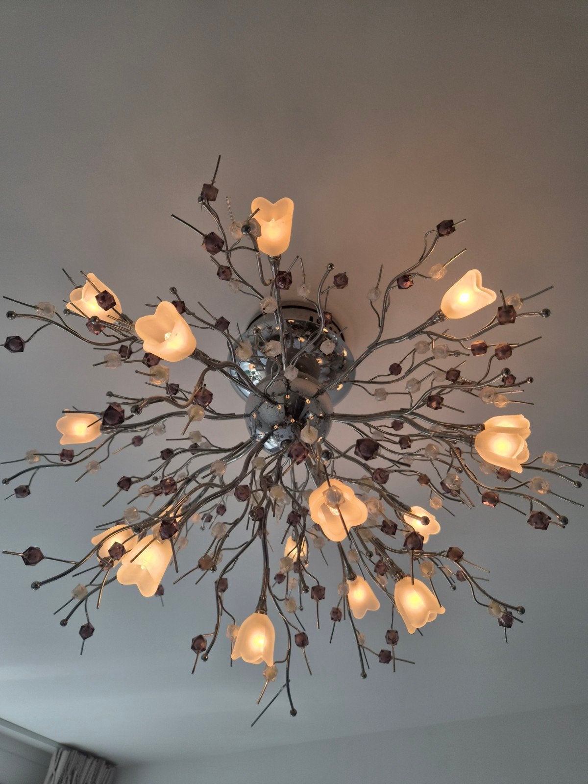 Twee keer plafondlamp met bloem- en takdesign, Ophalen, Zo goed als nieuw, Glas
