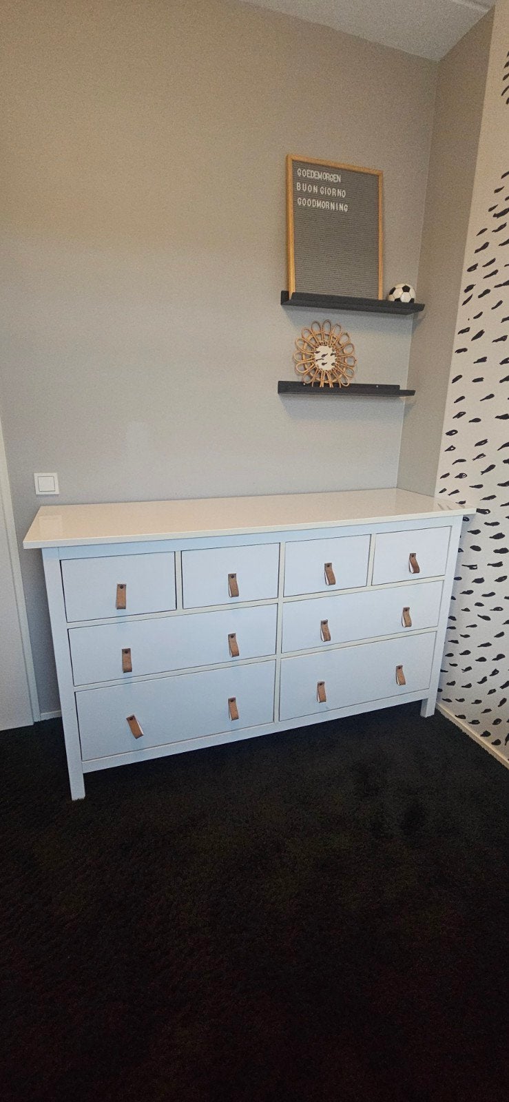 IKEA Dressoir met 8 lades - Wit met leren handgrepen, Ophalen, Gebruikt, Modern, Scandinavisch, 150 tot 200 cm