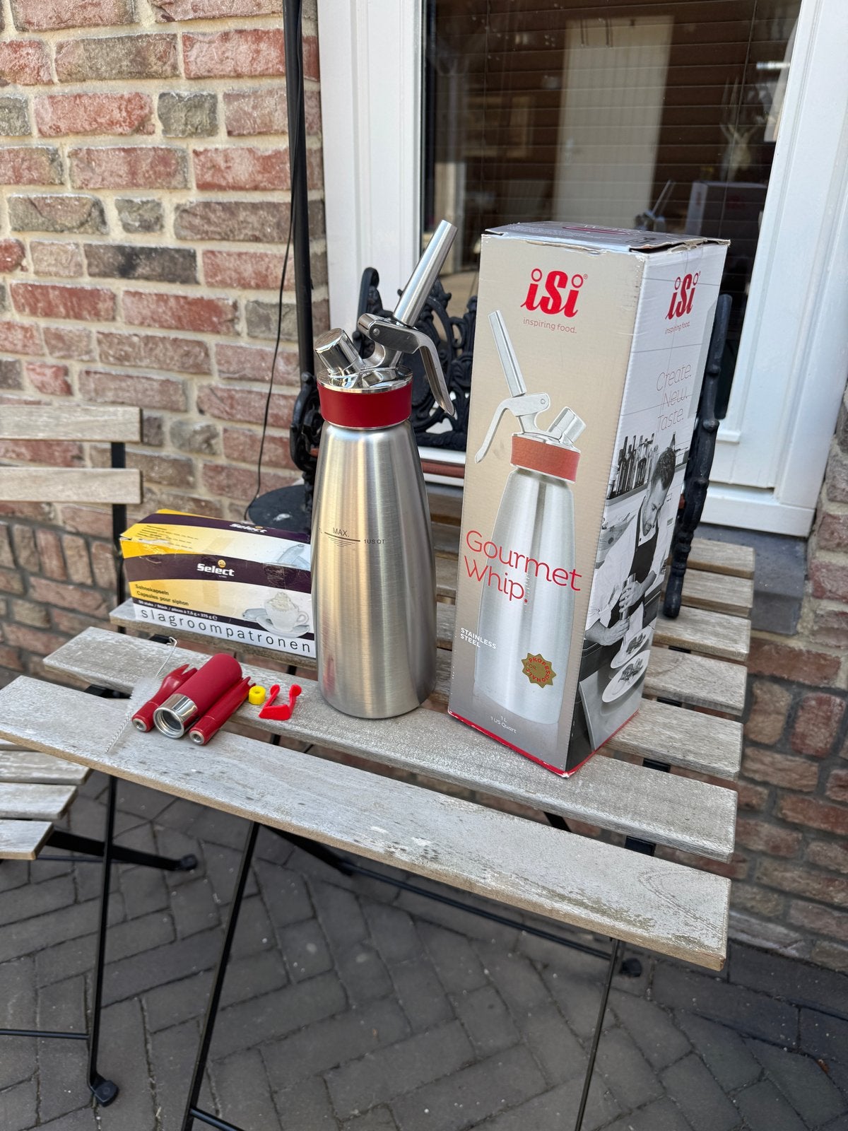 iSi Gourmet Whip 1L RVS Slagroomspuiter + patronen, Overige typen, Verzenden, Zilver, Zo goed als nieuw
