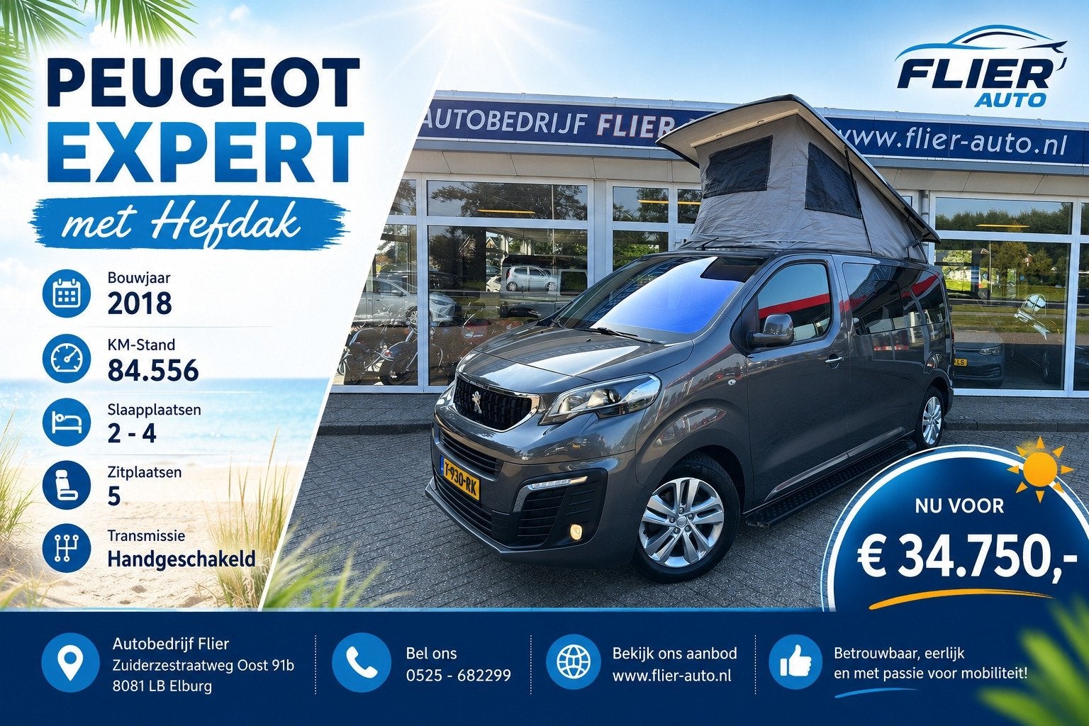 Peugeot Expert 2.0 123PK | 4-Pers | Hefdak | Hefbed | Off Gr, Caravans en Kamperen, Campers, Overige merken, Airbags, Hefdak, Automobielbedrijf Flier