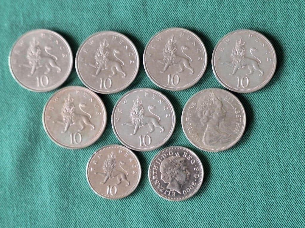 9 munten Engeland 10 (new) pence 1968-2003, Ophalen of Verzenden, Overige landen, Losse munt