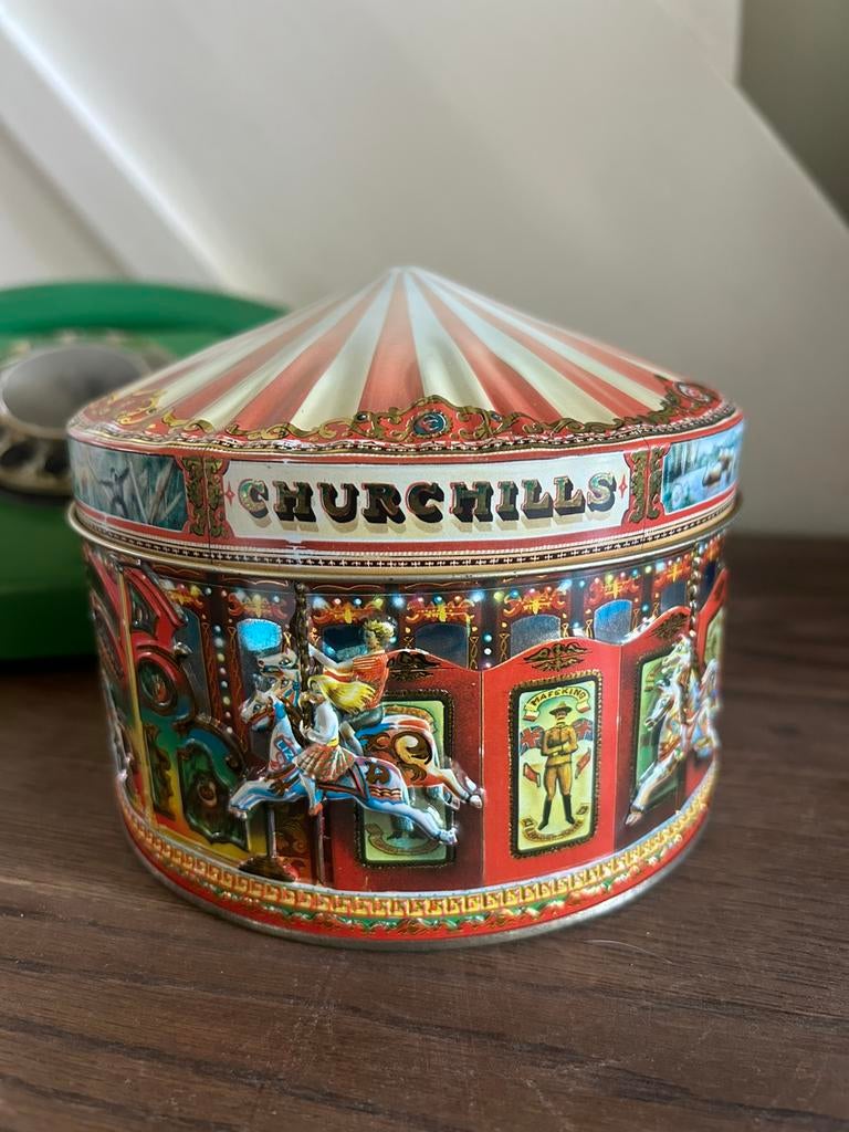 Vintage rond churchill’s carousel blik snoepblik, Ophalen of Verzenden, Gebruikt, Overige, Overige merken