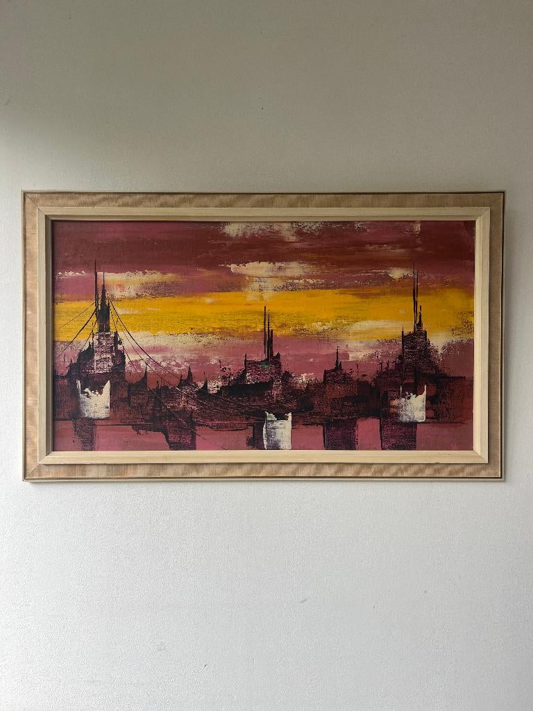 Jaren 60 70 skyline abstract schilderij gesigneerd, Antiek en Kunst, Kunst | Schilderijen | Abstract, Ophalen of Verzenden