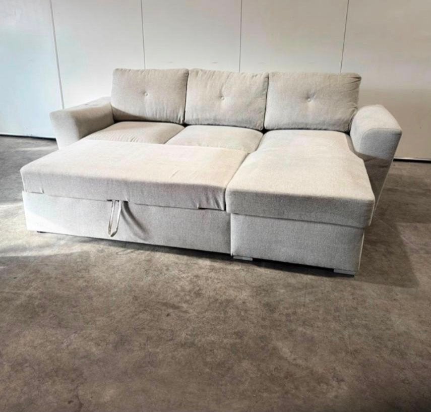 Hoekbank met chaise, opbergruimte en uitschuifbare ottoman, Ophalen, 250 tot 300 cm, 100 tot 125 cm, Hoekbank