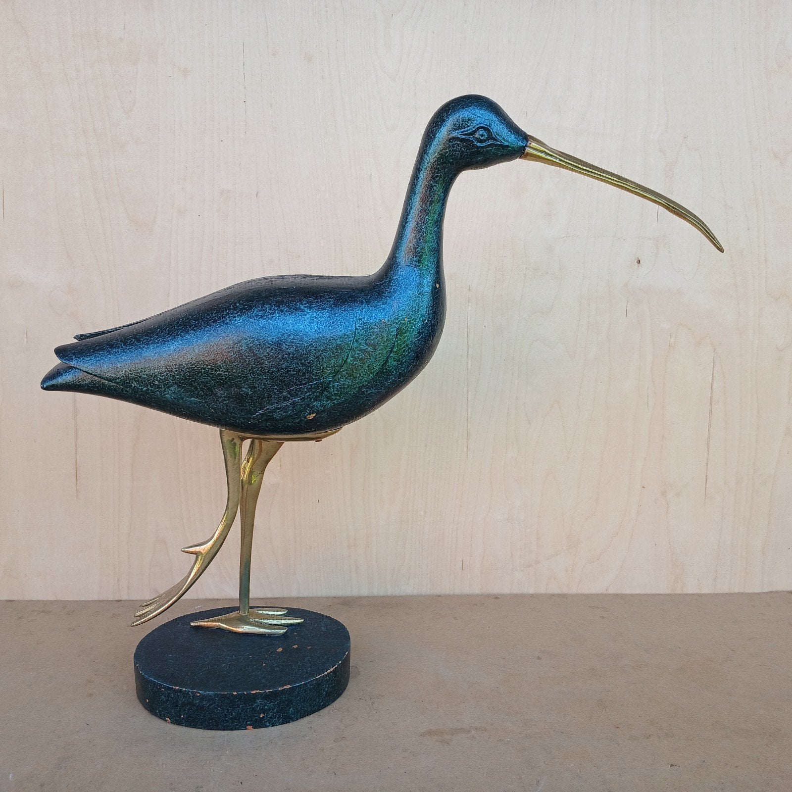 Groene ibis met koperen snavel en poten, Ophalen of Verzenden, Handgemaakt, 50 - 100 cm, Goud