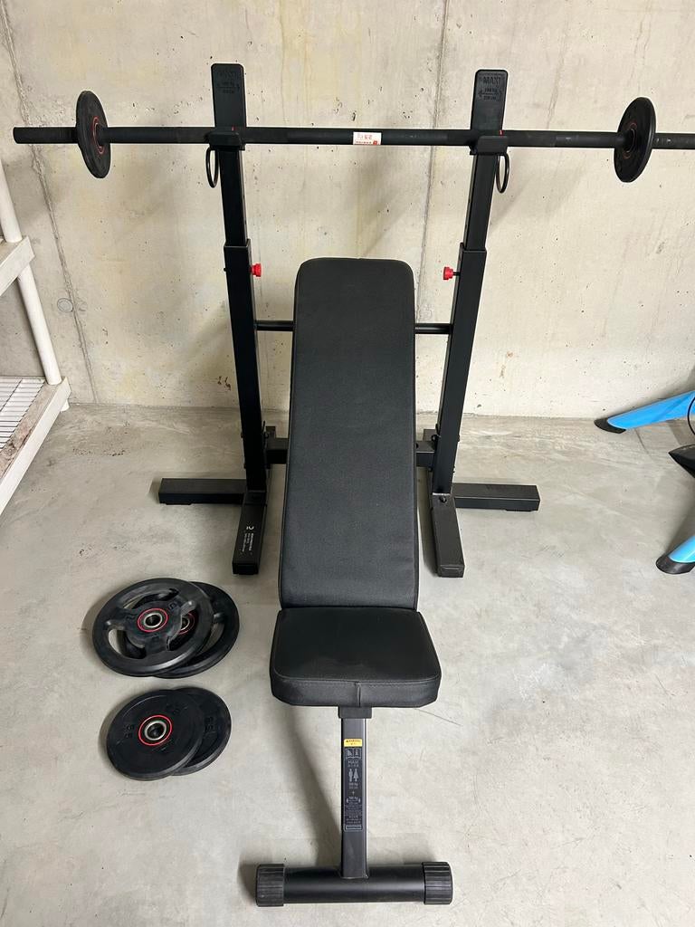 Fitnessbank met halterstang en gewichten! Als nieuw!, Ophalen, Zo goed als nieuw, Armen, Fitnessbank