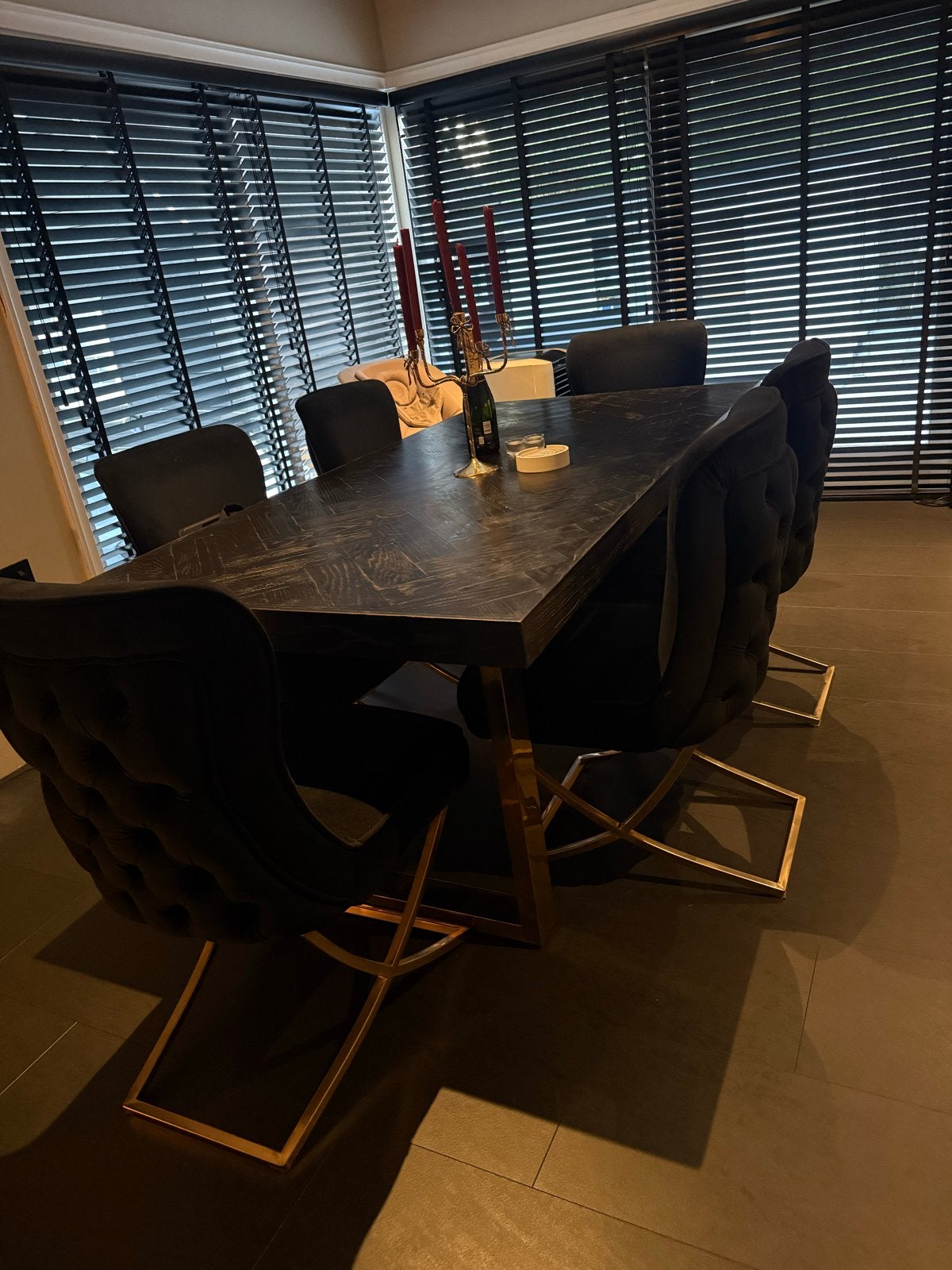 Luxe Eettafel met Zwart Houten Blad en Gouden Onderstel, Ophalen, Gebruikt, 50 tot 100 cm, Vijf personen of meer