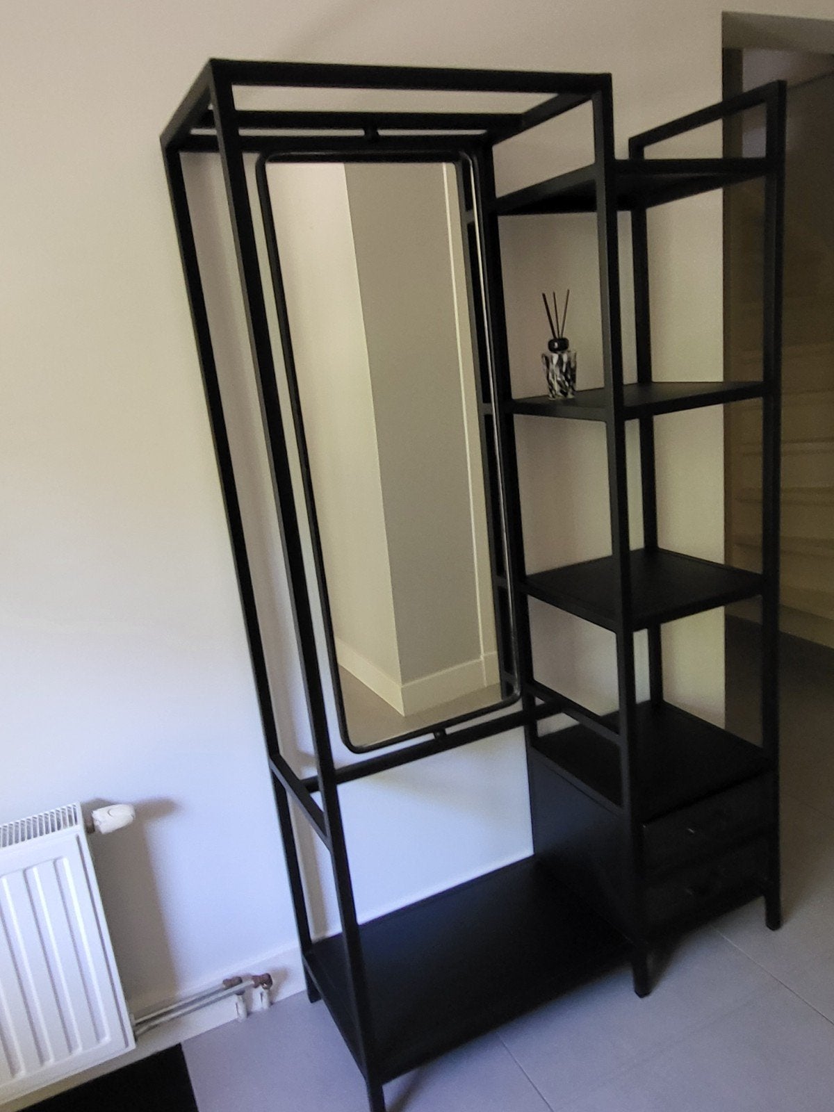 Stevige Industriële Zwarte Halkast met Spiegel - H180xB104cm, Ophalen, 25 tot 50 cm, 150 tot 200 cm