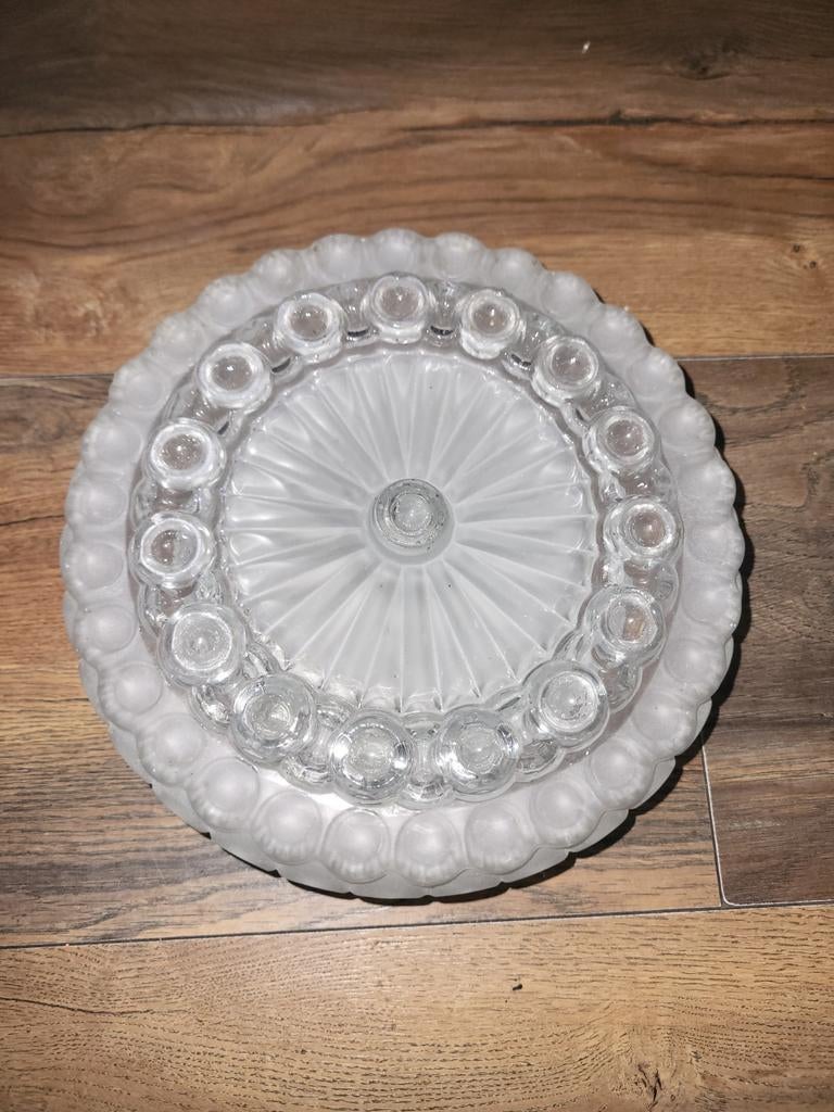 Mid-century Plafonnière met Porseleinen Fitting, Ophalen of Verzenden, Zo goed als nieuw, Glas, Mid century retro vintage plafonnière