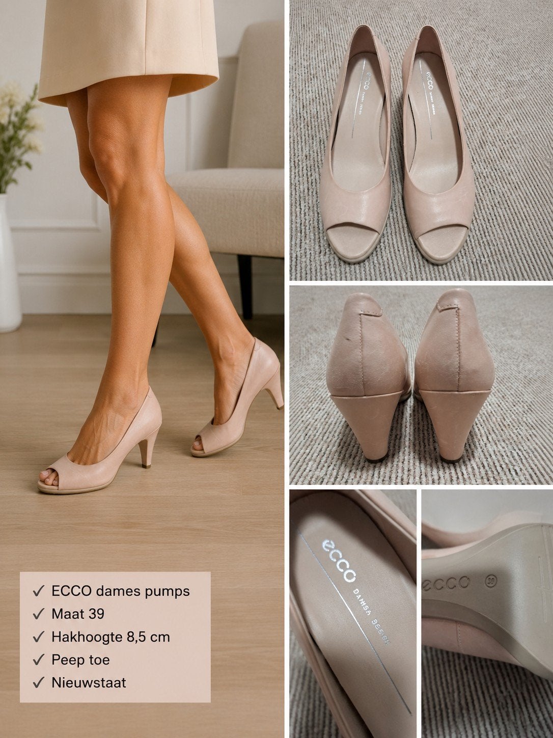 ECCO dames pumps nude/poederroze – maat 39 – leren peep toe, Ecco, Pumps, Beige, Ophalen of Verzenden