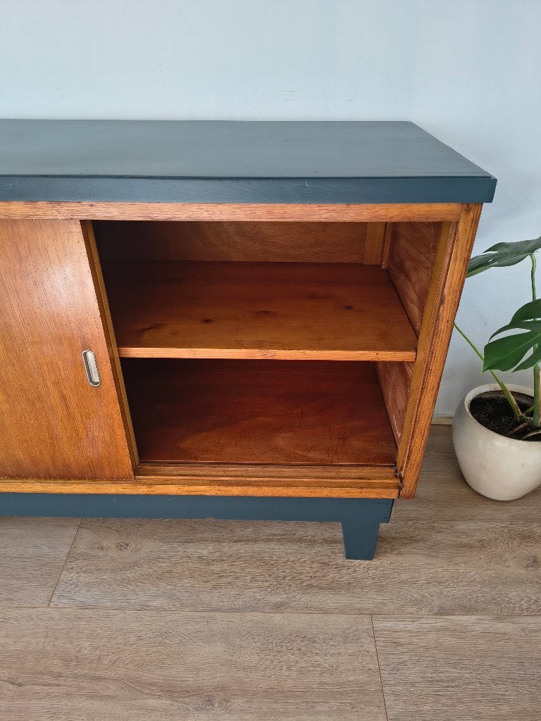 Mid-century dressoir kast - Teak & Petrol blue, Met plank(en), 100 tot 150 cm, Ophalen of Verzenden, Zo goed als nieuw