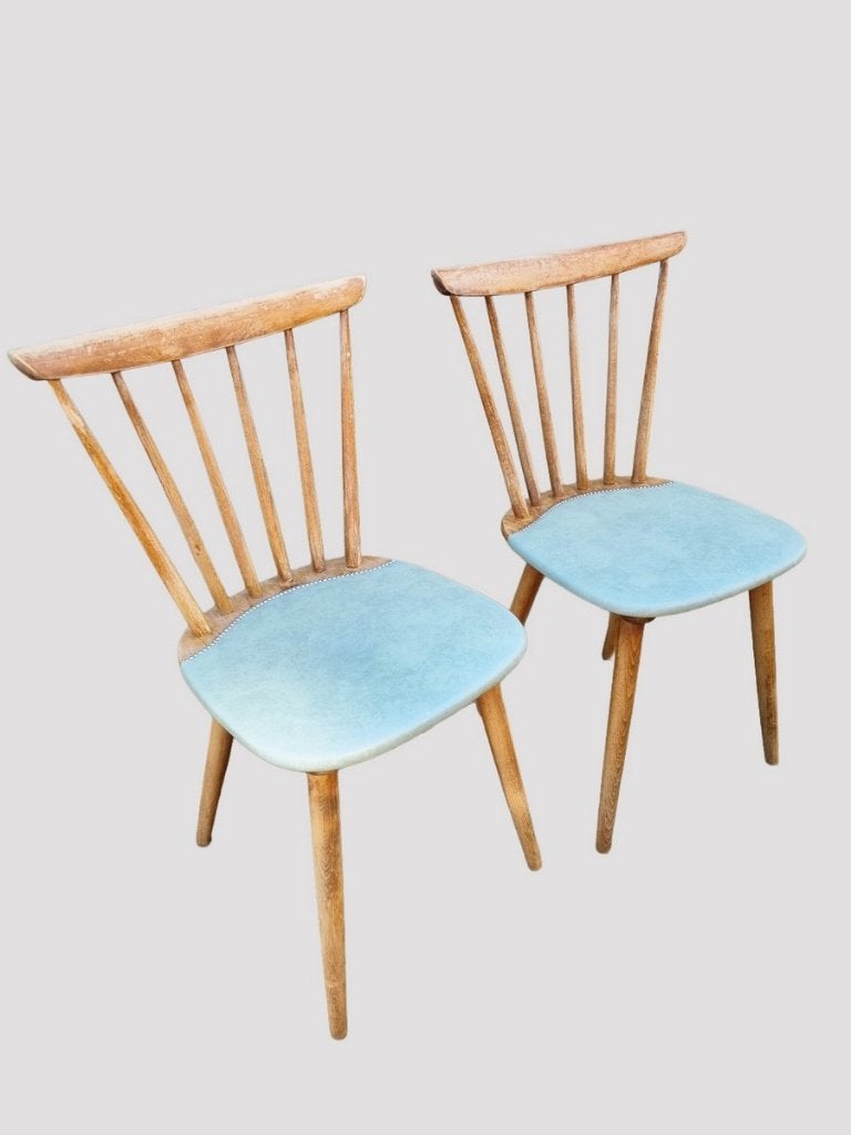 Retro vintage houten spijlenstoelen, set van 2, Ophalen, Gebruikt, Twee, Blauw