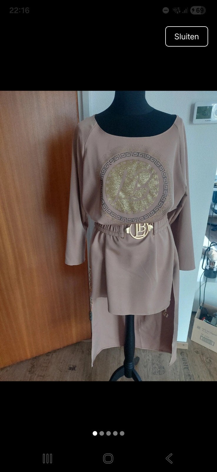 Elegante tuniek/jurk met gouden details, Kleding | Dames, Beige, Boven de knie, Ophalen, Maat 38/40 (M)