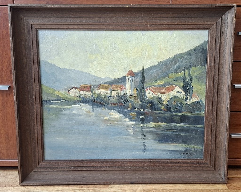 schilderij met Zwitsers tafereel, Luzern, Zwitserland +lijst, Ophalen of Verzenden, Gesigneerd, Landschap, Doek