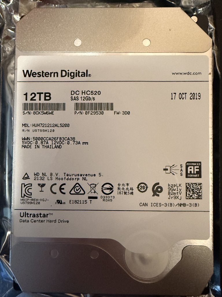8x 12 TB Western Digital WD DC HC520 (SAS) HDD harde schijf, Computers en Software, Harde schijven, Intern, Gebruikt, SAS, Server