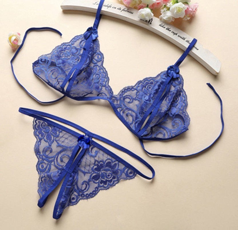 Blauwe kanten BH en string, Verzenden, Blauw, Setje