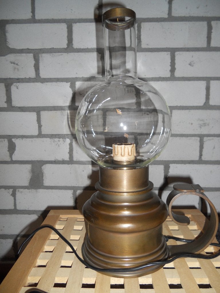 TAFELSCHEMERLAMP KOPEREN VOET EN GLAS HOOGTE 70 CM, Ophalen, Glas, Zo goed als nieuw, Klassiek