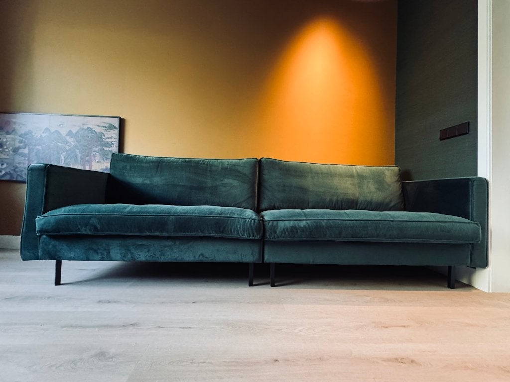 Prachtige groene velvet 3-zits bank, Huis en Inrichting, Banken | Bankstellen, Ophalen, 250 tot 300 cm, Driepersoons, 75 tot 100 cm