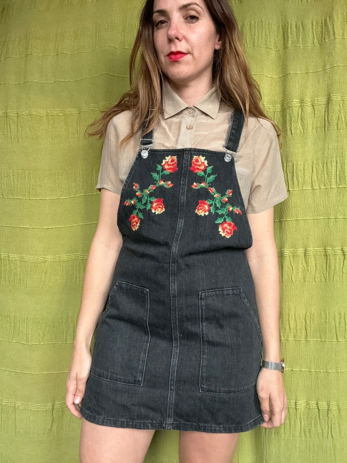 Denim tuinjurk - donkergrijs- bloemenprint - M/38, Kleding | Dames, Jurken, Maat 38/40 (M), Hgv, Hgv, Ophalen of Verzenden
