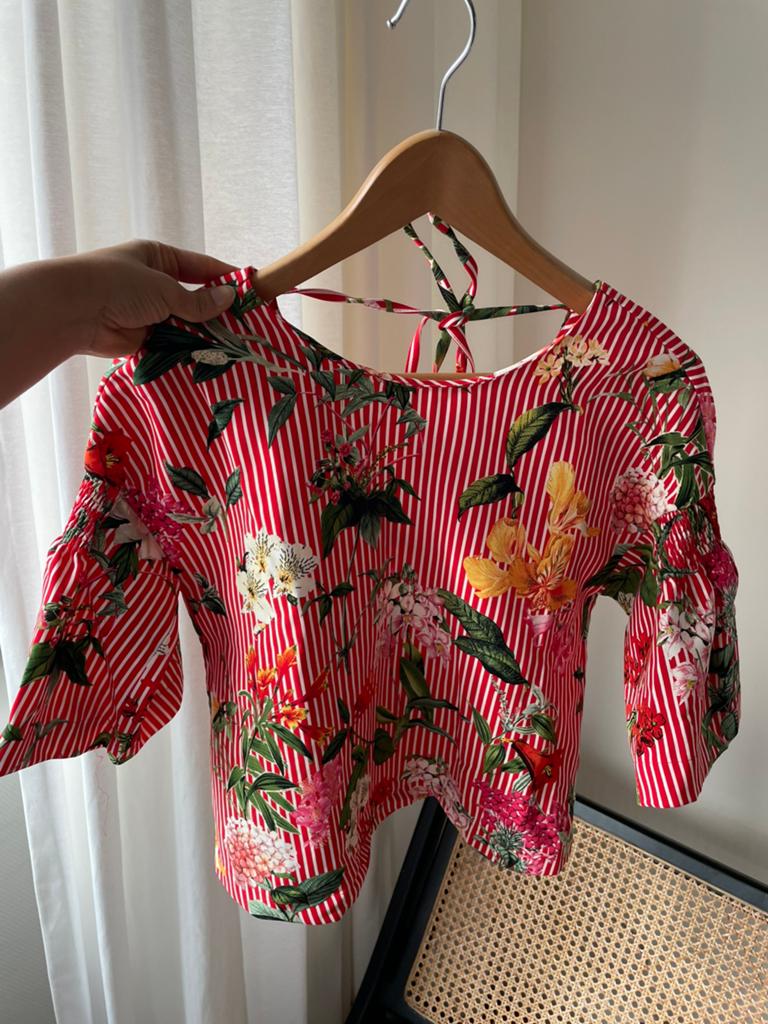 Zara Blouse/top met bloemenprint en strepen, Ophalen of Verzenden, Korte mouw, Maat 34 (XS) of kleiner, Gedragen
