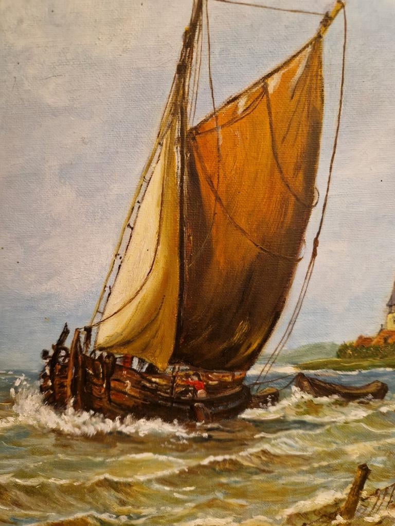 Zeilschip dicht bij de kust .afmeting 30 x 40 cm., Ophalen of Verzenden
