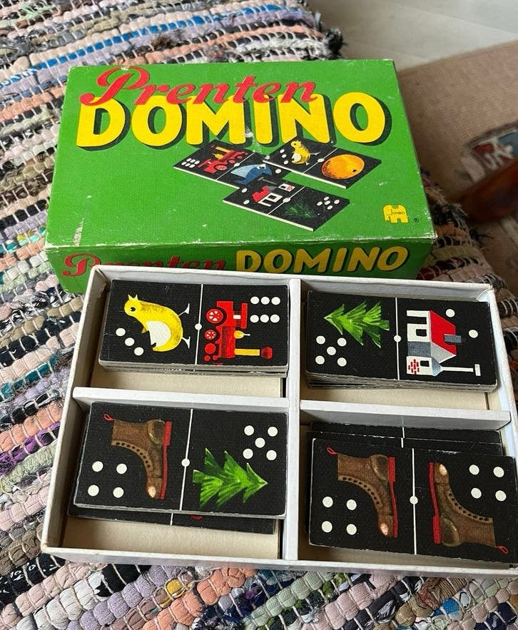 Vintage Dominospel met leuke oude Prenten van Karton, Ophalen of Verzenden