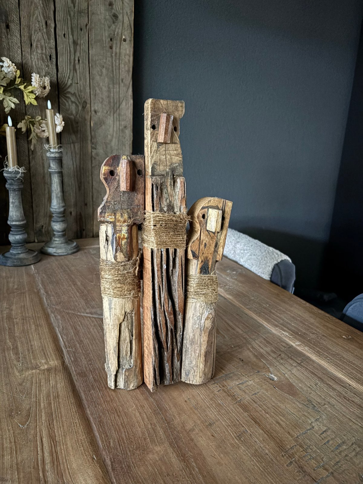 Oud houten poppetjes van drijfhout, 40cm hoog, Huis en Inrichting, Hout, Gebruikt, Ophalen of Verzenden, Landelijk