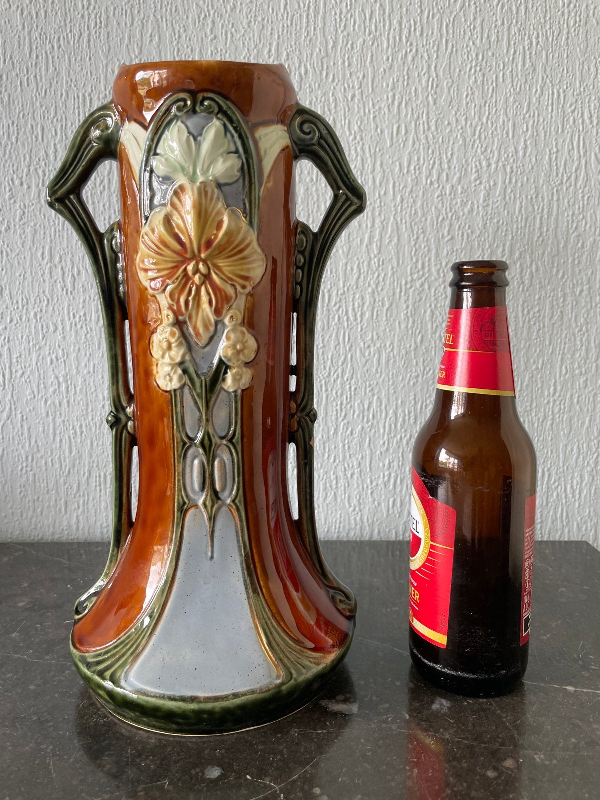 Antieke Art Nouveau Vaas - Bruin en Groen Keramiek, Ophalen of Verzenden