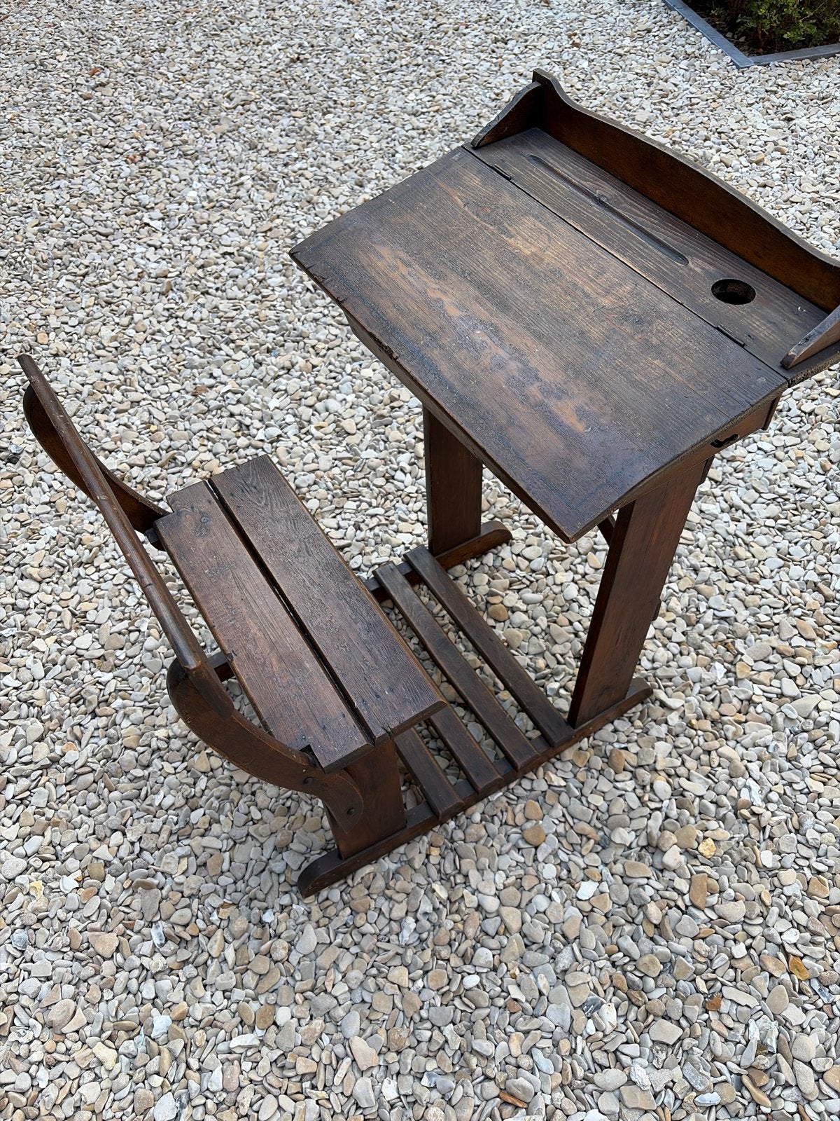Antieke houten schoolbank met stoel - Vintage bureau, Ophalen of Verzenden
