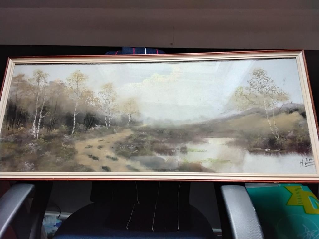 Landschap schilderij op doek in lijst met glasplaat, Antiek en Kunst, Kunst | Schilderijen | Klassiek, Ophalen
