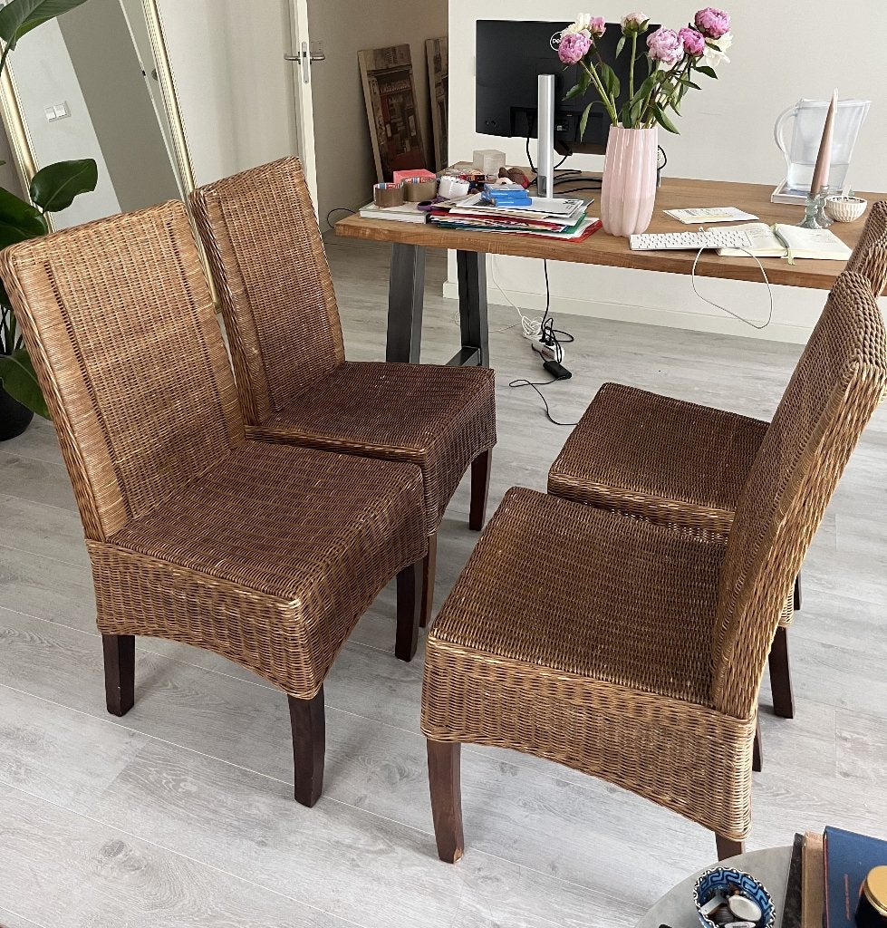 4 Woven Rattan Dining Chairs, Huis en Inrichting, Stoelen, Gebruikt, Vier, Bruin, Ophalen