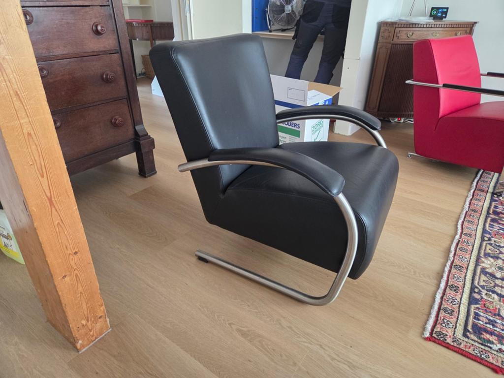 Molinari Accademia Fauteuil - Zwart Leer met Chroom, Gebruikt, Modern, Klassiek, Design, 75 tot 100 cm, Ophalen of Verzenden