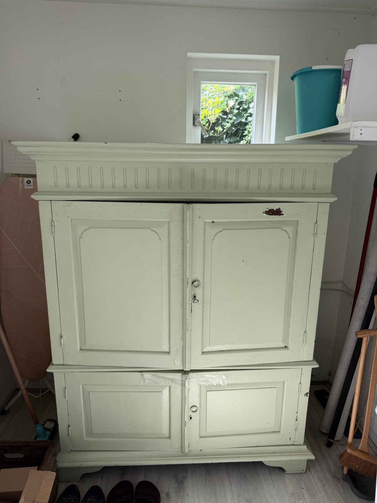 Prachtige mintgroene brocante kast, Ophalen, Met plank(en), Gebruikt, 100 tot 150 cm