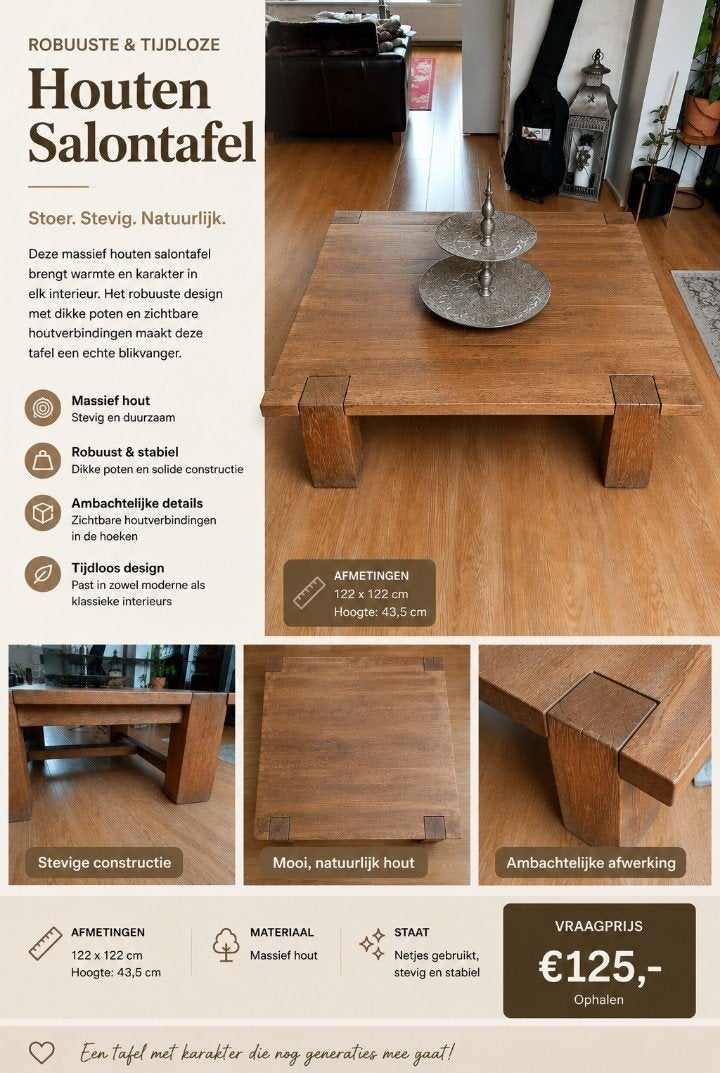 Massieve rustieke houten salontafel XXL, Huis en Inrichting, Tafels | Salontafels, Gebruikt, Ophalen of Verzenden, Minder dan 50 cm