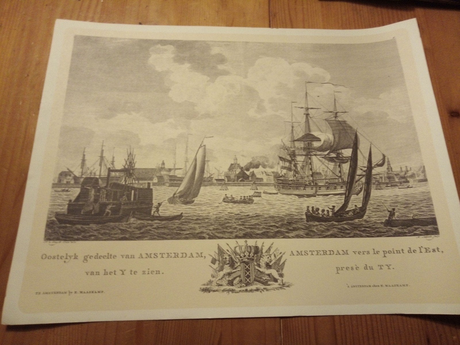Oude prent; Oostelijk gedeelte van Amsterdam, van het Y, Antiek en Kunst, Kunst | Etsen en Gravures, Gravure, Met tekst, Origineel