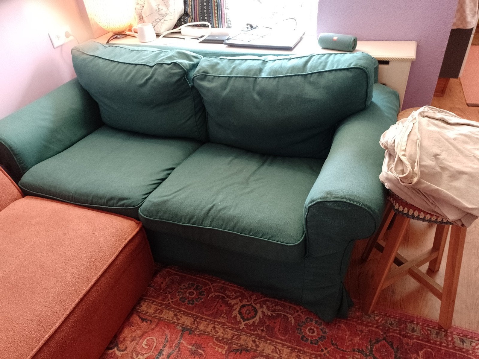 Ikea Ektorp 2-zits bank met 2 hoezen (groen/blauw en beige), Ophalen, Gebruikt, 150 tot 200 cm, Tweepersoons
