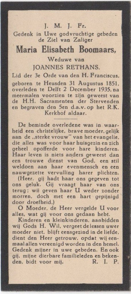 Maria E. Boomaars 1851 Heusden + 1935 Delft, 84 jaar, Verzenden