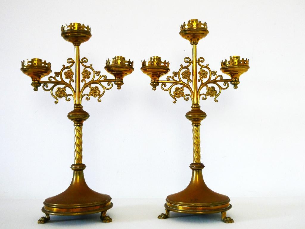 3 Armige kerkkandelaars kandelaars kandelaar neogotisch, Ophalen of Verzenden, Koper of Brons