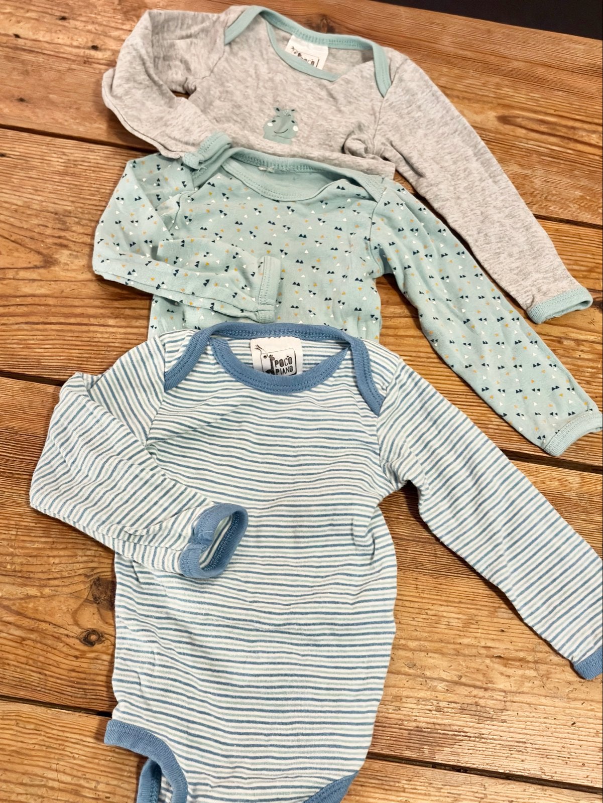 Romperset Pocopiano 74/80  3x lange mouw mint/grijs/blauw, Ophalen of Verzenden, Zo goed als nieuw, Jongetje, Nacht- of Onderkleding