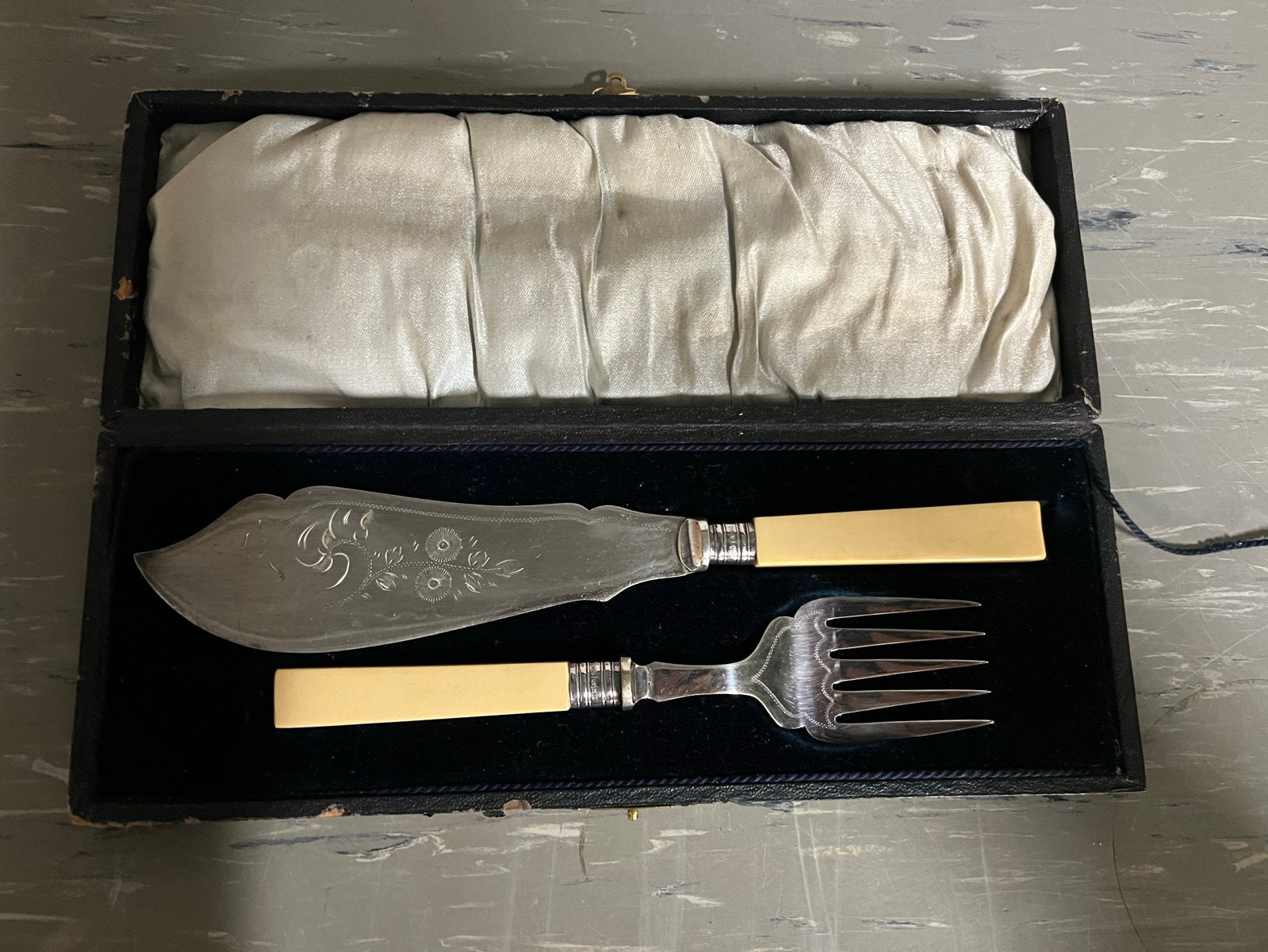 Antiek verzilverd visbestek set in doos, Antiek en Kunst, Ophalen of Verzenden