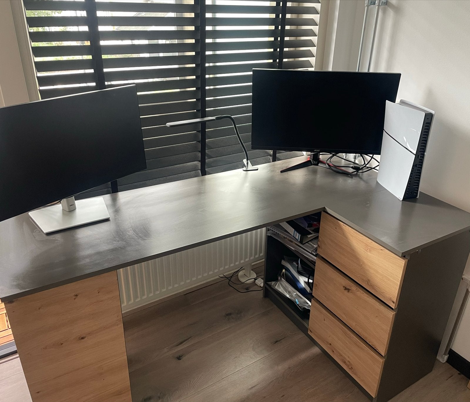 Hoekbureau met lades en opbergvakken antraciet en hout, Ophalen, 154 cm, Zo goed als nieuw, Industrieel