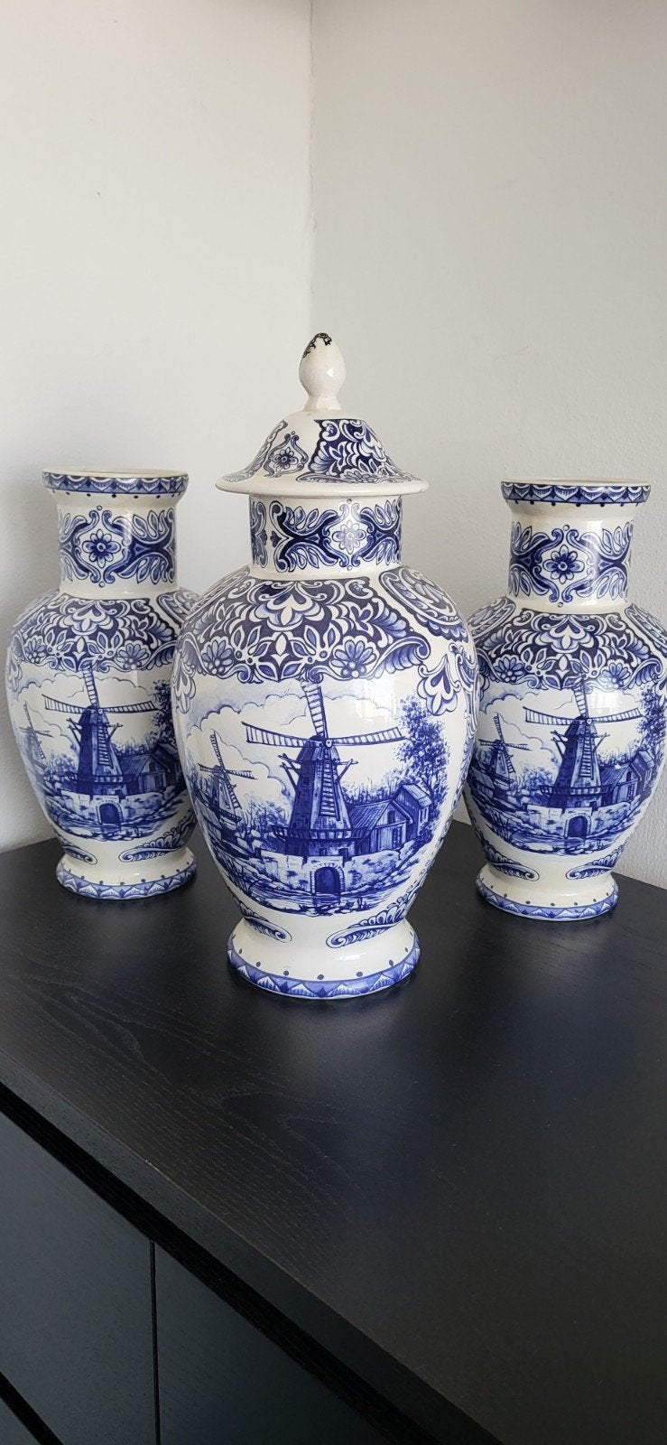 Vazen set 3 stuks Delfts blauw de molen in top staat 35 cm h, Ophalen of Verzenden