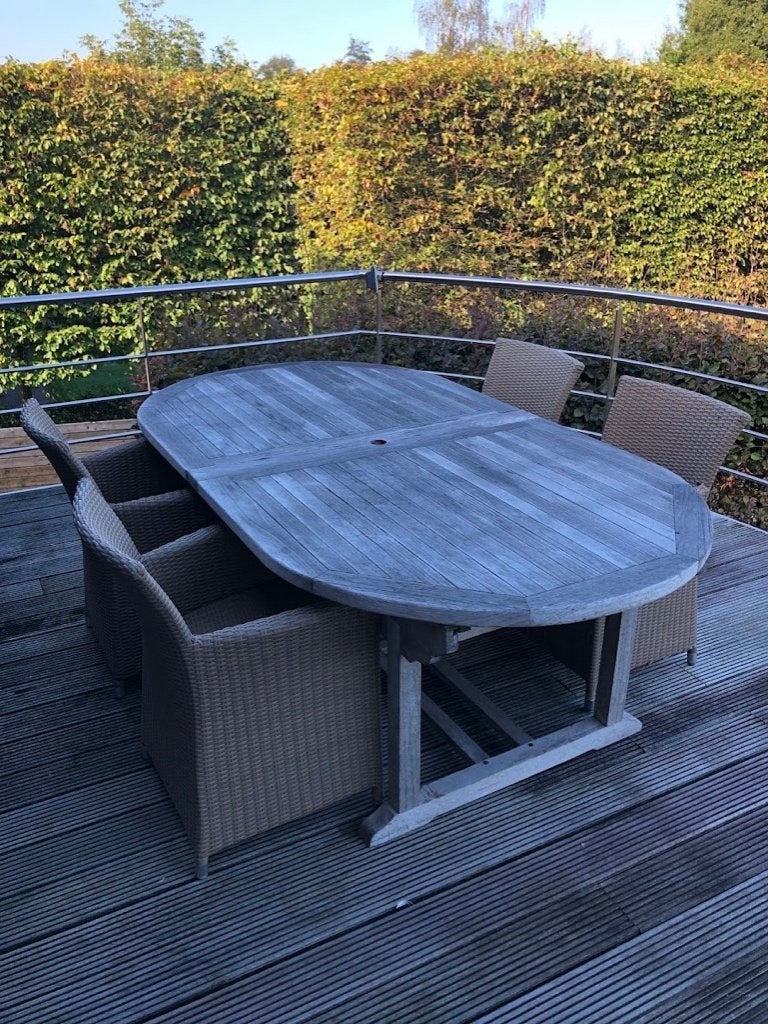 Grote massief houten uitschuifbare tuintafel, Ophalen, Zo goed als nieuw, Rechthoekig, Hout