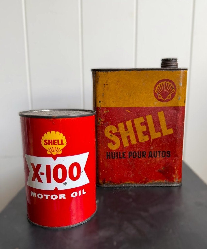 Shell olieblikken set oud Huile pour autos + X-100 vintage, Verzamelen, Ophalen of Verzenden, Gebruikt, Overige typen
