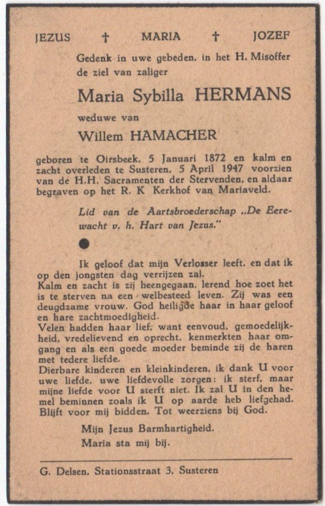 Maria Sybilla Hermans 1872 Oirsbeek + 1947 Susteren, 75 jaar, Ophalen of Verzenden