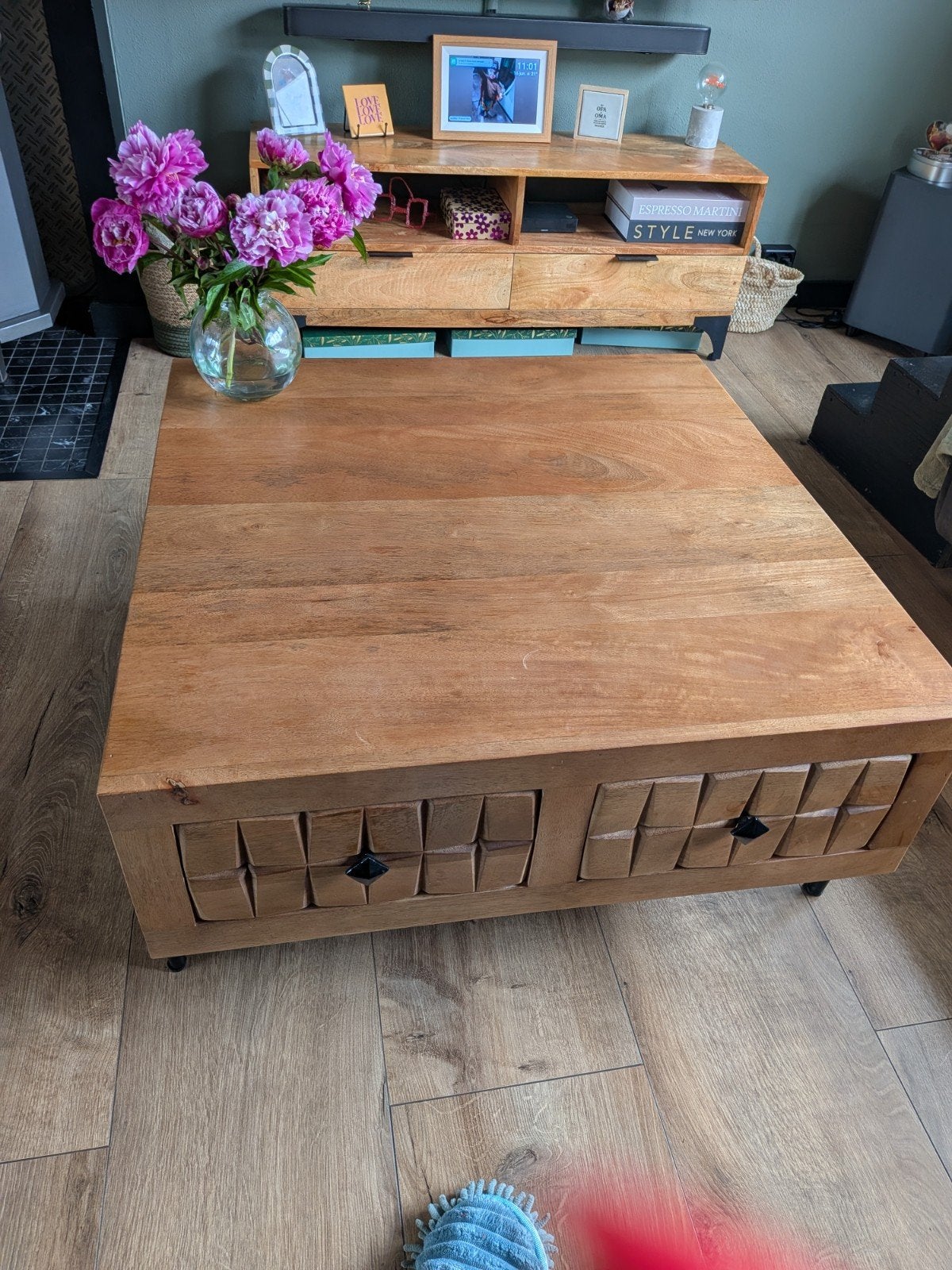 Salontafel van mangohout met lades, Gebruikt, 50 tot 100 cm, Modern, Industrieel, Vierkant
